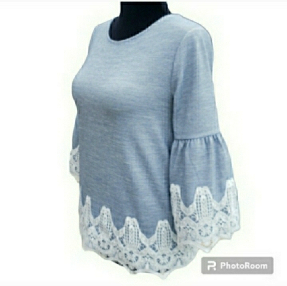 Chico's Top French Pinstripe Lantern Sleeve Blue White Stretch MED π¦RETAIL $89- - Picture 5 of 11